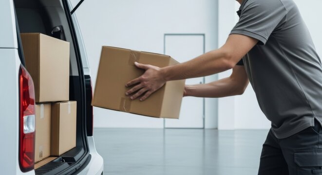 Man loading cardboard boxes into a van in a spacious garage  