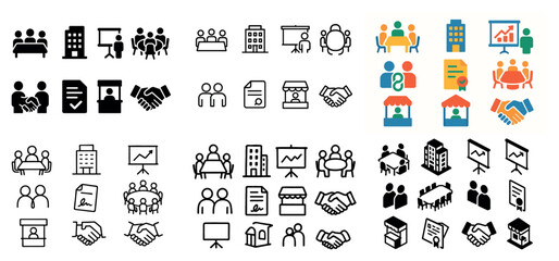 Business icons set: meetings, charts, handshakes