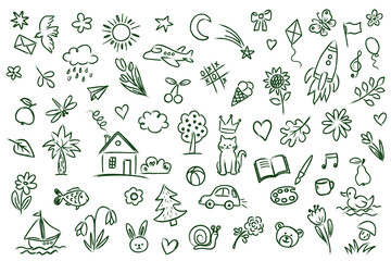 Set of sketches of kids' element icons. Baby drawing in black pencil on white background. Child's charcoal drawing style. Vector illustration, all objects isolated.