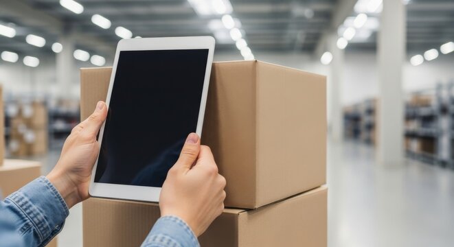 Person using tablet to scan boxes in modern warehouse setting  