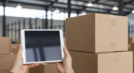 Person holding tablet in warehouse with stacked cardboard boxes