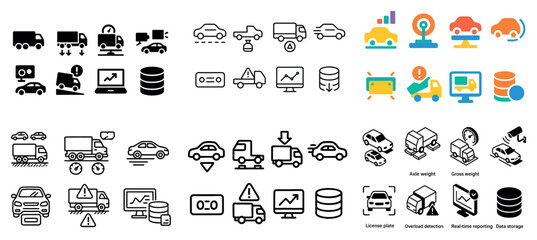 Vehicle and data technology icons set