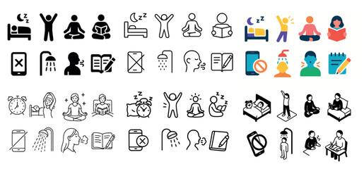 Diverse icons of daily routines and relaxation