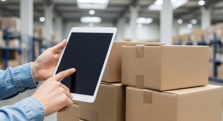 Woman using tablet to track inventory in warehouse with boxes
