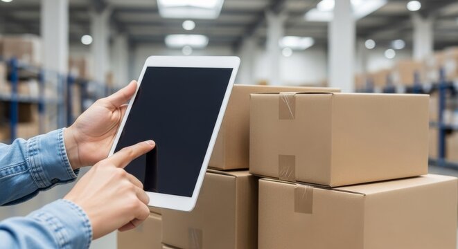 Woman using tablet to track inventory in warehouse with boxes   - Powered by Adobe