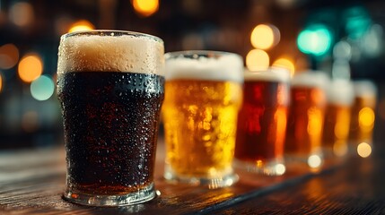 Cool lineup of several glasses of craft beer, from dark stout to light lager, with frothy heads and condensation, on a bar with a blurred background.