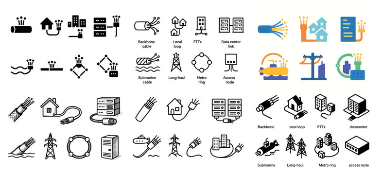 Network infrastructure icons: cable, data center, node