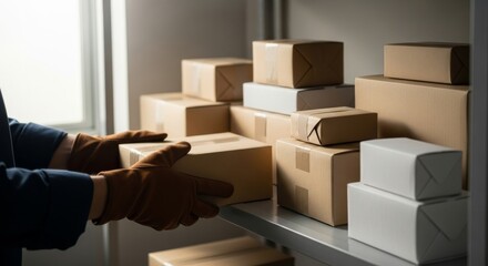 Man arranging cardboard boxes on shelf in storage room  
