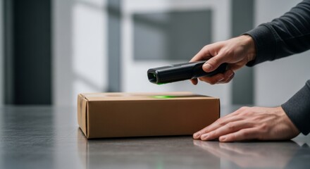 Fototapeta premium Hand scanning a package with a barcode scanner on a countertop 