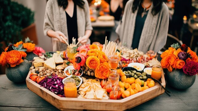 Vibrant food display with flowers outdoor celebration event photography festive atmosphere close-up view culinary art