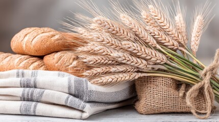 Obraz premium Freshly baked bread and wheat rustic kitchen food photography natural lighting still life culinary art