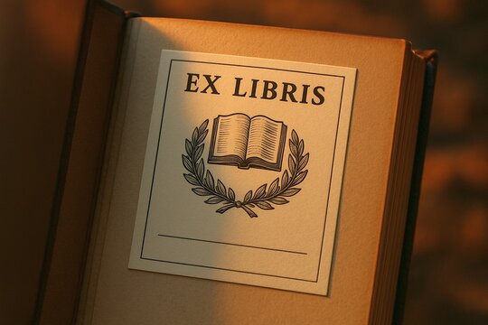 An open book displays a classic ex libris bookplate featuring an open book encircled by a laurel wreath under warm golden lighting