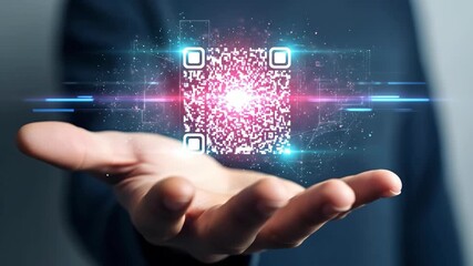 Man holding glowing QR code in hand for digital payment and innovative scan technology animation - Powered by Adobe