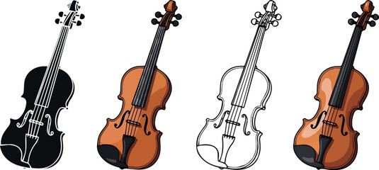 Create Violin Icon Styles. Vector icon violin same pose same proportions four styles black solid glyph outline minimal flat multicolor filled cartoon flat shaded.