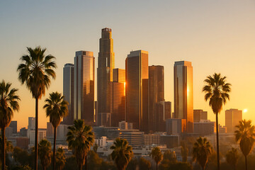 Warm Sunset City Skyline with Palm Trees and Modern Golden Architecture