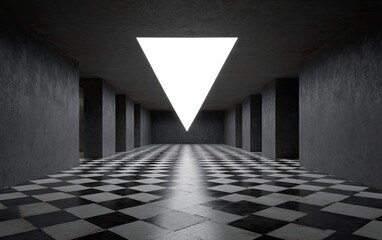 A dark, sterile hallway with a checkerboard floor and a bright, triangular light