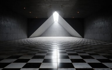 A minimalist concrete room with a checkered floor, lit by a dramatic triangular skylight
