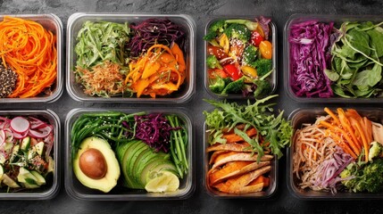 Fresh meal prep containers kitchen food photography modern top-down healthy eating concept