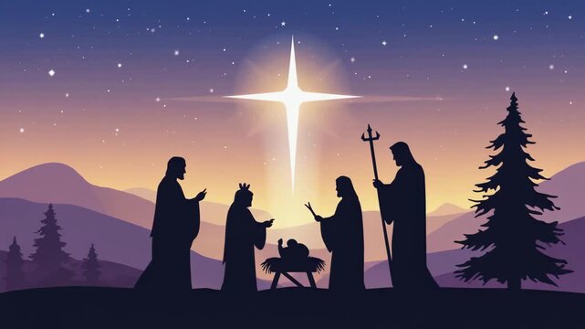 Nativity scene silhouette with the star of bethlehem shining brightly over mary, joseph, and baby jesus in a manger, set against a starry night sky and mountains 4k video