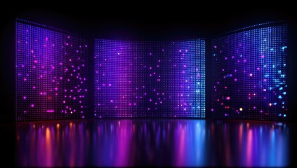 Three digital screens display glowing colorful pixels, reflecting on a dark shiny floor