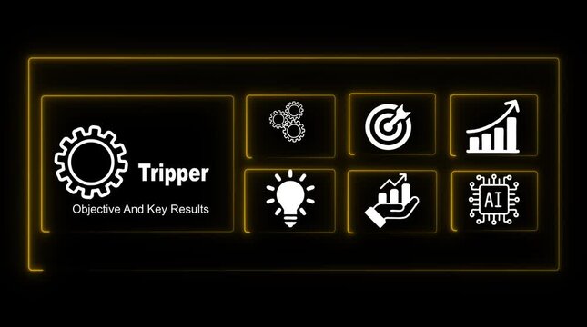 Tripper Objective And Key Results Business Strategy Icons Gear Target Lightbulb Growth A I Chip Neon Glow