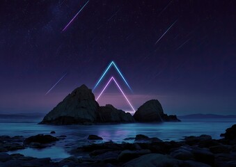 Mystical night seascape with glowing neon triangles nestled among dark rocks