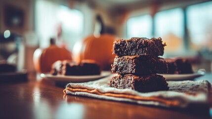 Delicious chocolate brownies cozy kitchen food photography warm atmosphere close-up indulgence