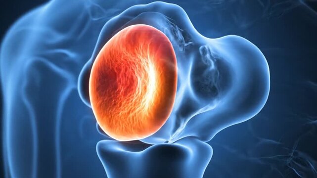 Medical Illustration of a Human Hip Joint Showing Anatomy.