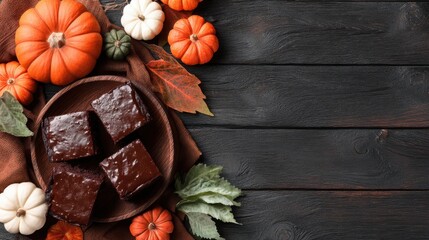 Harvest festival treats chocolate brownies surrounded by pumpkins autumn vibes food photography rustic setting