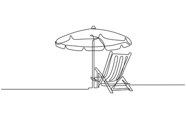 Beach umbrella and chair in one continuous line drawing vector illustration isolated on transparet background