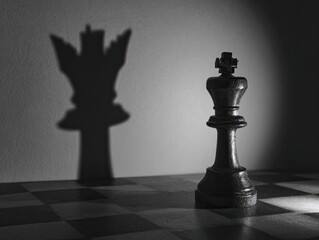 Black and white chess king on a board with its large, imposing shadow on the wall