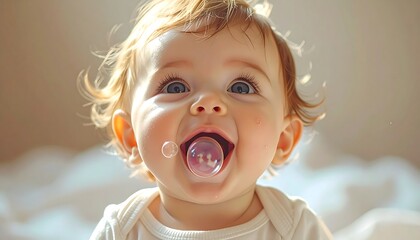 An adorable baby, with bright blue eyes, laughs with open mouth, and a bubble floats near. Soft focus background