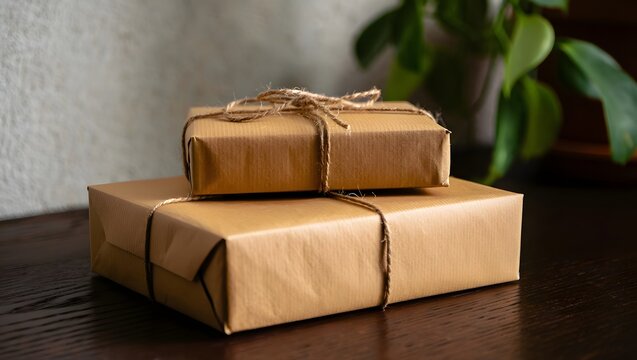 Two brown paper packages tied with string sitting on a dark wooden surface indoors near a plant
