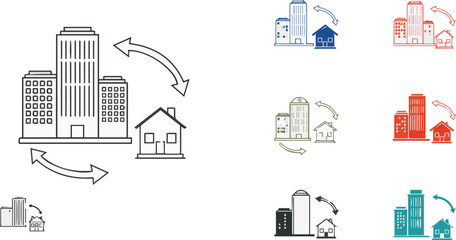 Fototapeta premium Line art icon illustrating the daily commute cycle between a suburban house and the urban city center for work