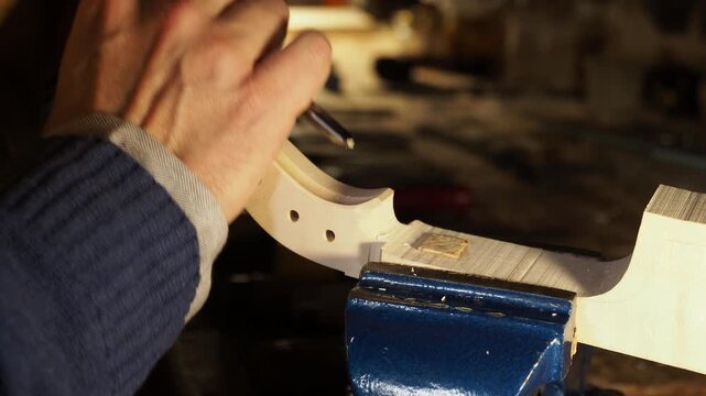 Skilled luthier shapes a violin scroll under a bright lamp, focusing on every curve and detail. The warm light enhances the texture of the wood, showcasing expert craftsmanship and dedication.
