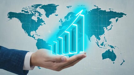 A hand holds a glowing blue 3d bar graph symbolizing financial growth and success against a world map background, representing global economy 4k video - Powered by Adobe