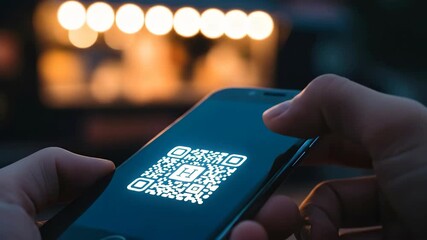 Person holding phone with QR code for payment. QR code on smartphone screen for mobile scan transaction application footage. - Powered by Adobe