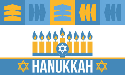Hanukkah. Jewish festival. Festival of Lights. Traditional menorah. Candles. Star of David. Happy holiday banner. Creative art template. Vector illustration