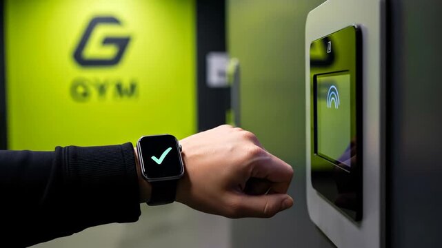 Man uses finger to activate biometric digital access at gym, smartwatch shows confirmed checkmark for secure entry footage - Powered by Adobe