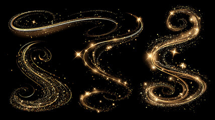 Golden Light Trails Collection on a Black Background: Perfect for Adding a Touch of Magic and Sparkle to Your Designs
