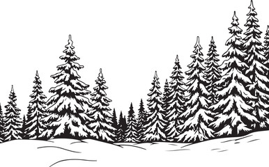 Obraz premium Black and white illustration of winter forest with snowy pine trees