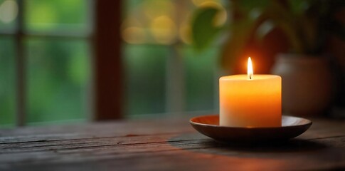 Warm Candlelight Glow on Wooden Surface Cozy and Serene Atmosphere for Home Decor, Relaxation, and Spa