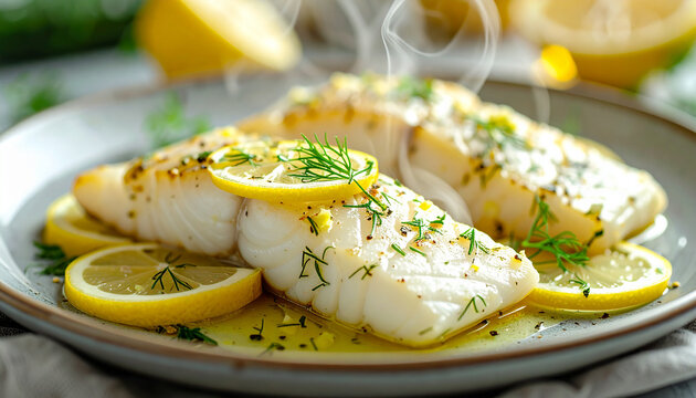 Steamed haddock fillets with garlic and lemon, garnished with fresh dill. Tasty dish. Delicious meal