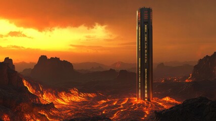High-tech observation spire surrounded by glowing volcanic terrain in a futuristic, dynamic energy branding layout