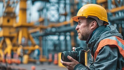 photography themes, professional photographer capturing industrial site with camera, artistic framing of construction workers.