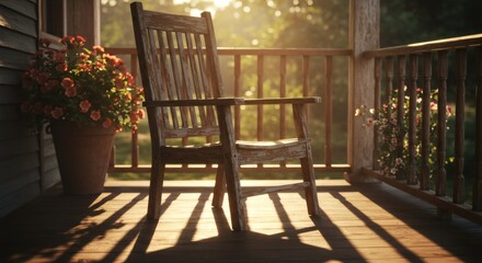Empty wooden rocking chair on a sunlit porch with long shadows and potted flowers.