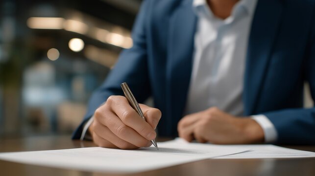 Close-up of a businessperson’s hands stamping official certified paperwork on a clean desk, symbolizing legal authorization, professional validation, document approval, and corporate compliance