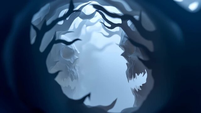 2D paper cutout depiction of a surreal horror skull demon in a forest with layers and atmosphere