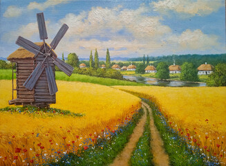 Ukrainian Summer Landscape: Old Wooden Windmill and Dirt Road through a Golden Wheat Field with Traditional Huts in the Background. Oil Painting. Classic Rural Scene with Windmill, Wheat, and Poppies.