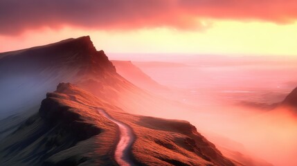 Fototapeta premium A breathtaking mountain landscape bathed in warm light, featuring a winding path leading through mist and rugged terrain.